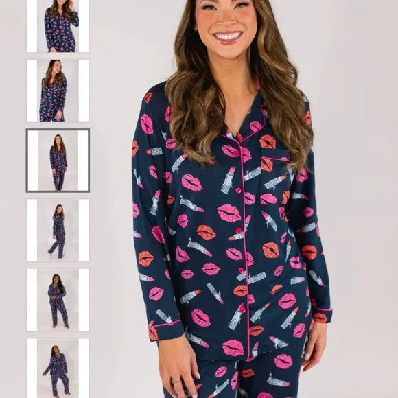 In My Sundays Lipstick Love in Navy Long Sleeve and Pant Pajama Set, size S, - Picture 1 of 6